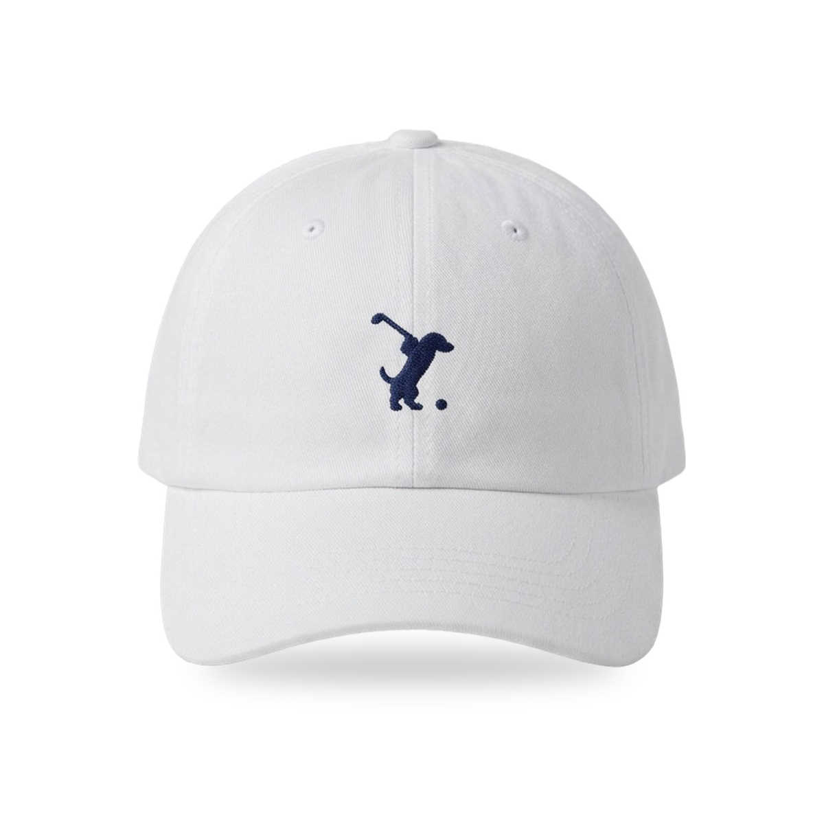 Swing Dachshund Golf Cap in White Navy, front view, SitHappens