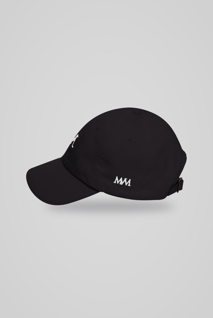Putting Dachshund Golf Cap in Black White, side view with MVM monogram, SitHappens