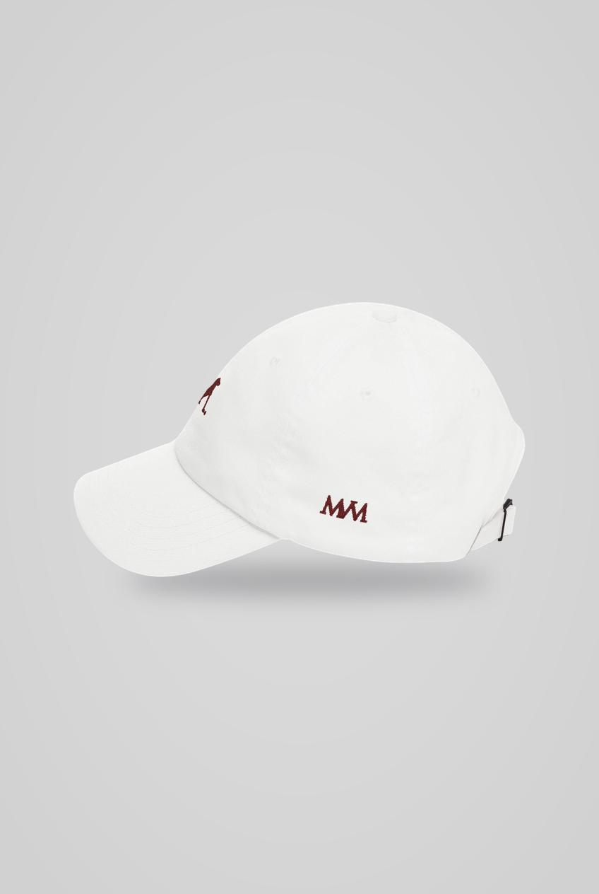 Putting Dachshund Golf Cap in White Burgundy, side view with MVM monogram, SitHappens