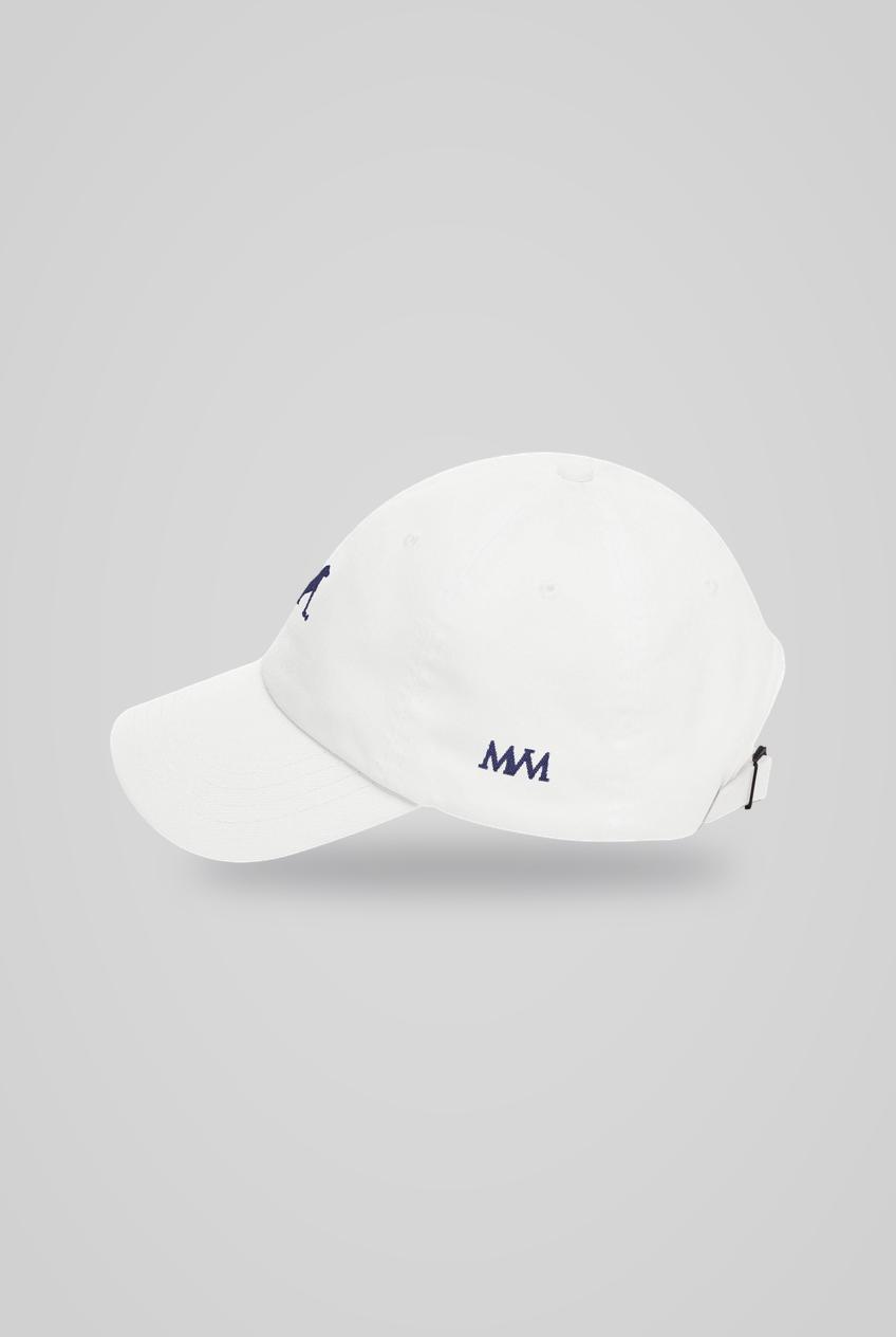 Putting Dachshund Golf Cap in White Navy, side view with MVM monogram, SitHappens