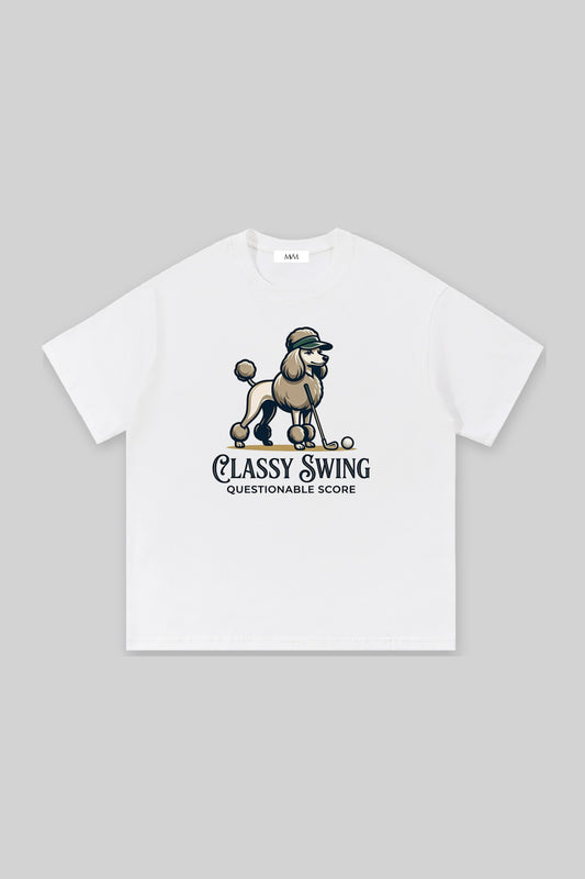 Classy Swing Poodle Golf Tee in white, front view. Color: White