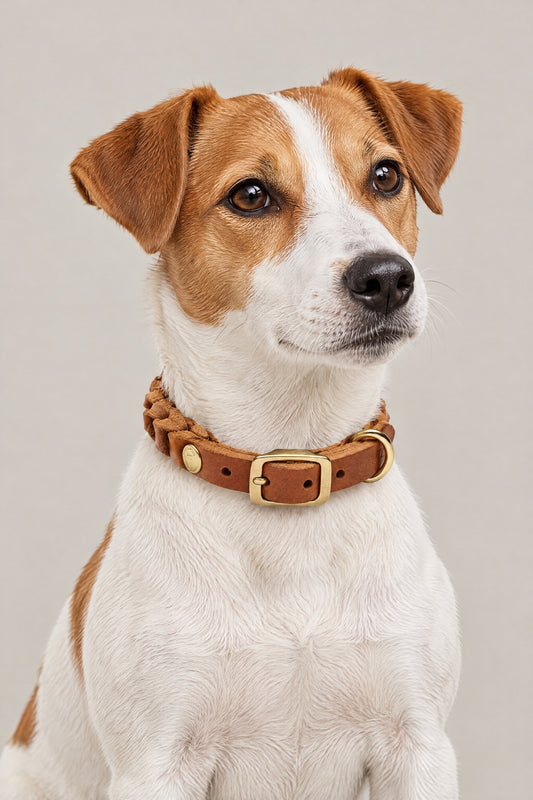 Jack Russell Terrier wearing the caramel braided leather Cloud 7 Central Park Camel Gold collar