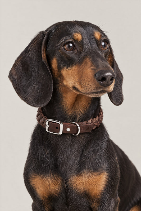 Black and tan dachshund wearing the brown braided leather Cloud 7 Central Park collar
