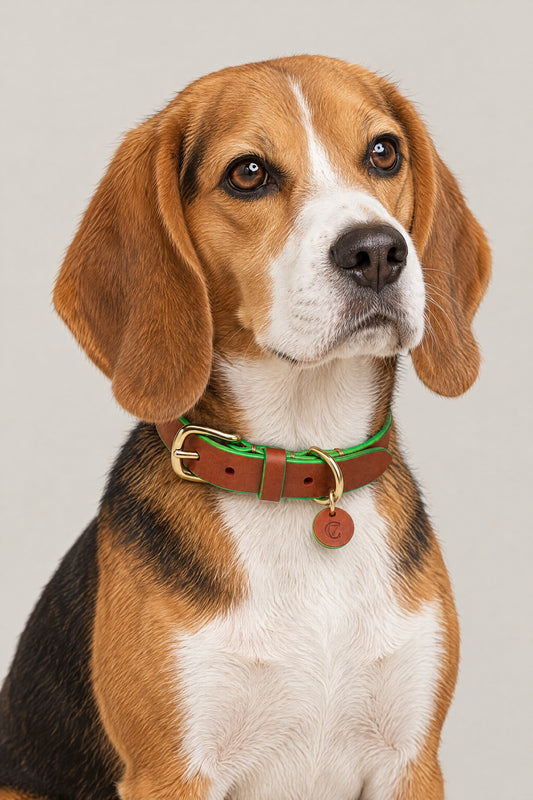 Beagle wearing the cognac and green Cloud 7 Kings Park leather collar with brass hardware