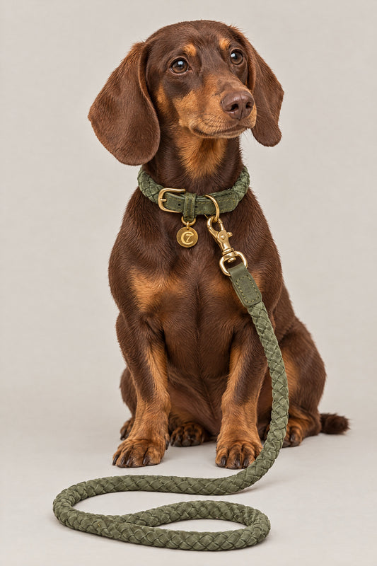 Dachshund wearing the olive Cloud 7 Ravello braided collar and leash
