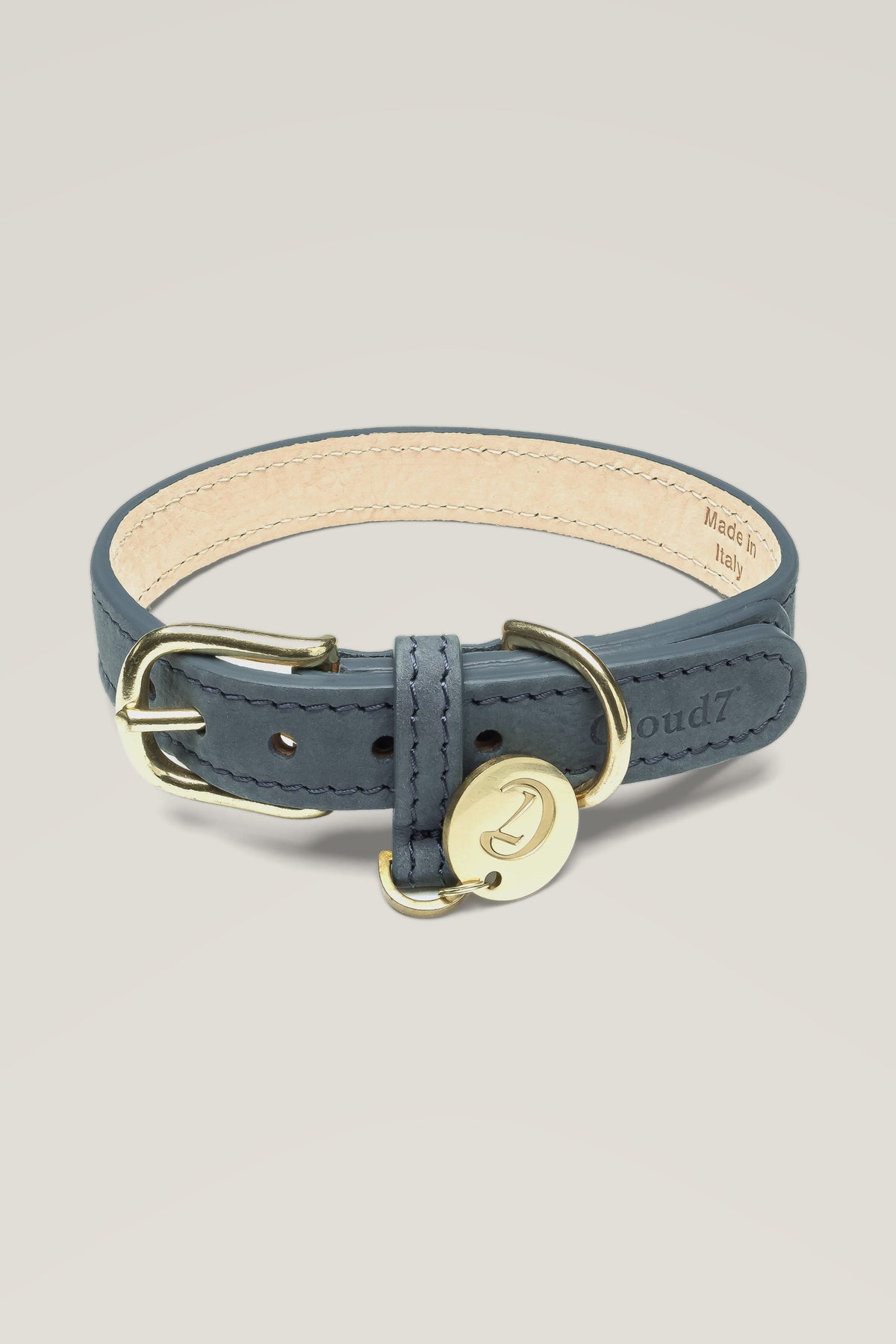 Cloud 7 Tiergarten nubuck dog collar in dove grey with brass buckle and engraved logo coin