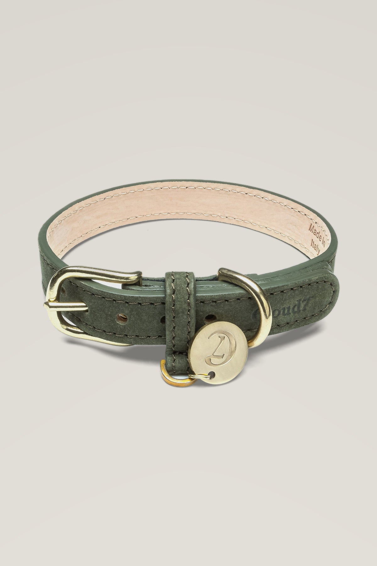 Cloud 7 Tiergarten nubuck dog collar in moss green with brass buckle and engraved logo coin