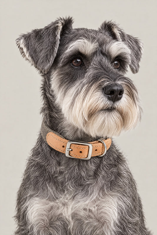 Miniature Schnauzer wearing the greige canvas and tan leather Cloud 7 Tivoli collar