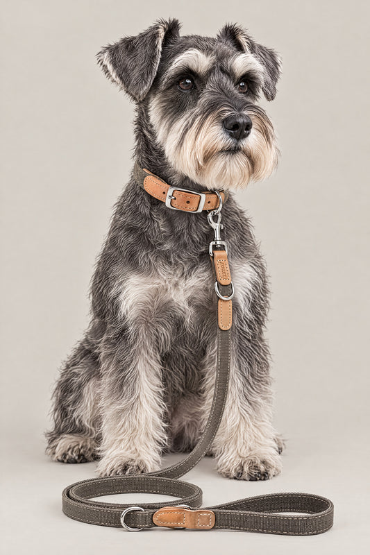 Miniature Schnauzer wearing the greige Cloud 7 Tivoli collar and leash