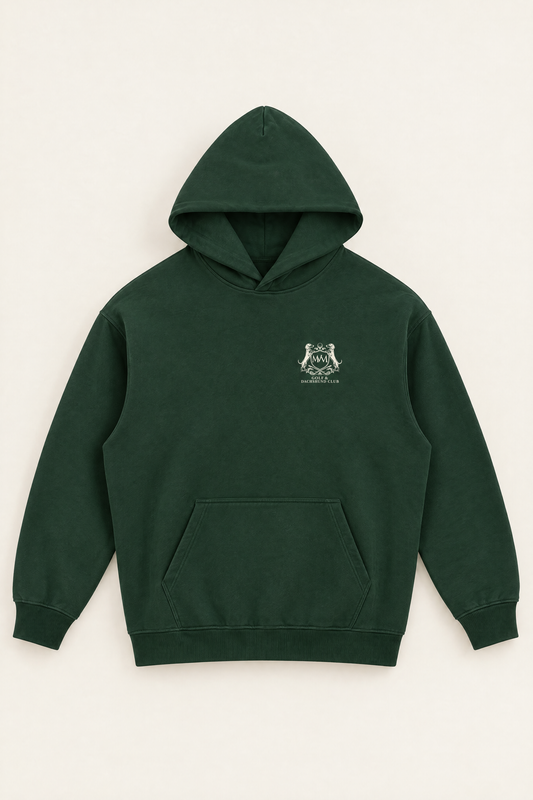 Front of the blackish green Club Crest hoodie with the small cream Golf & Dachshund Club crest on the left chest. Color: Blackish Green