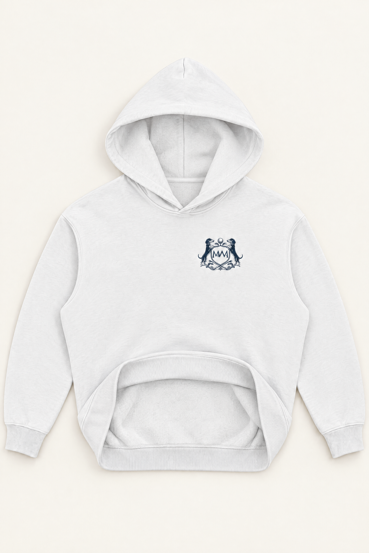 Inside of the white Club Crest hoodie with the hem folded up and the hood open, showing the soft brushed fleece lining