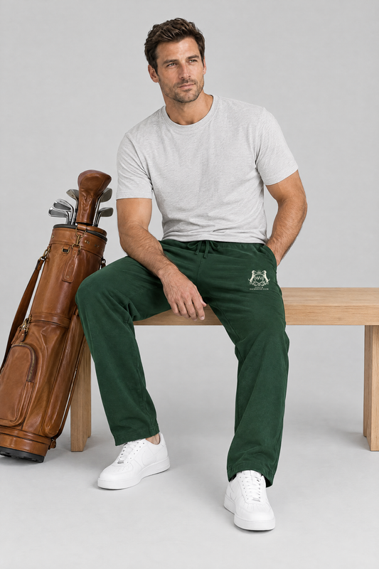 Man sitting on a wooden bench in blackish green Club Crest sweatpants next to a tan leather golf bag. Color: Blackish Green