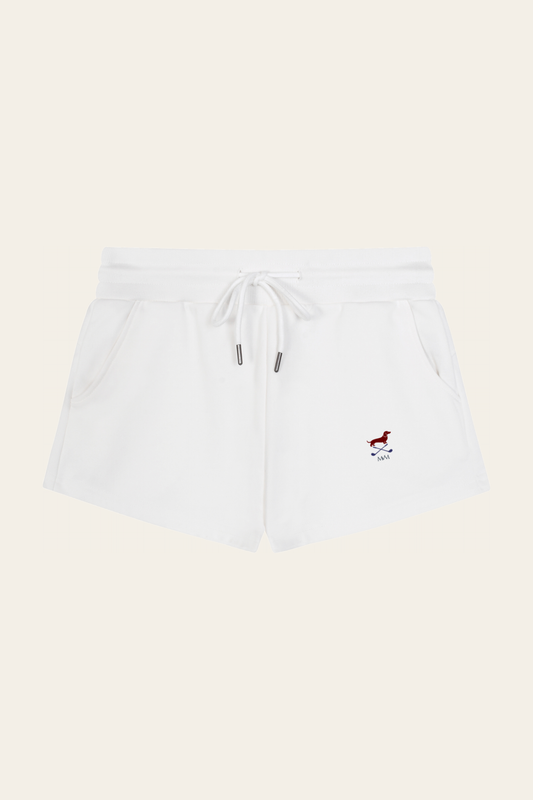 Flat lay of white Club Mark drawstring shorts with the small red dachshund logo, front view. Color: White