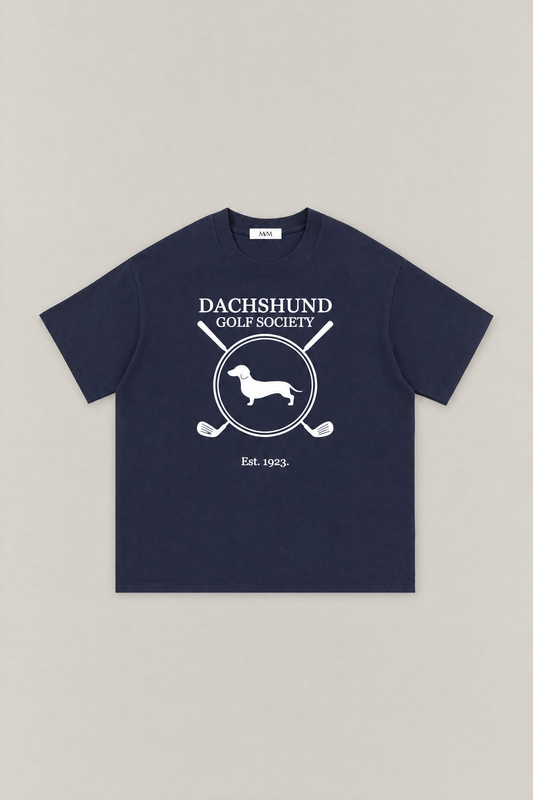 Dachshund Golf Society Tee in navy, flat lay front view. Color: Navy