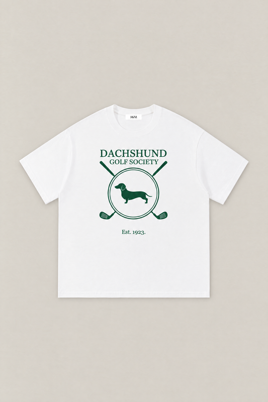 Dachshund Golf Society Tee in white, flat lay front view. Color: White