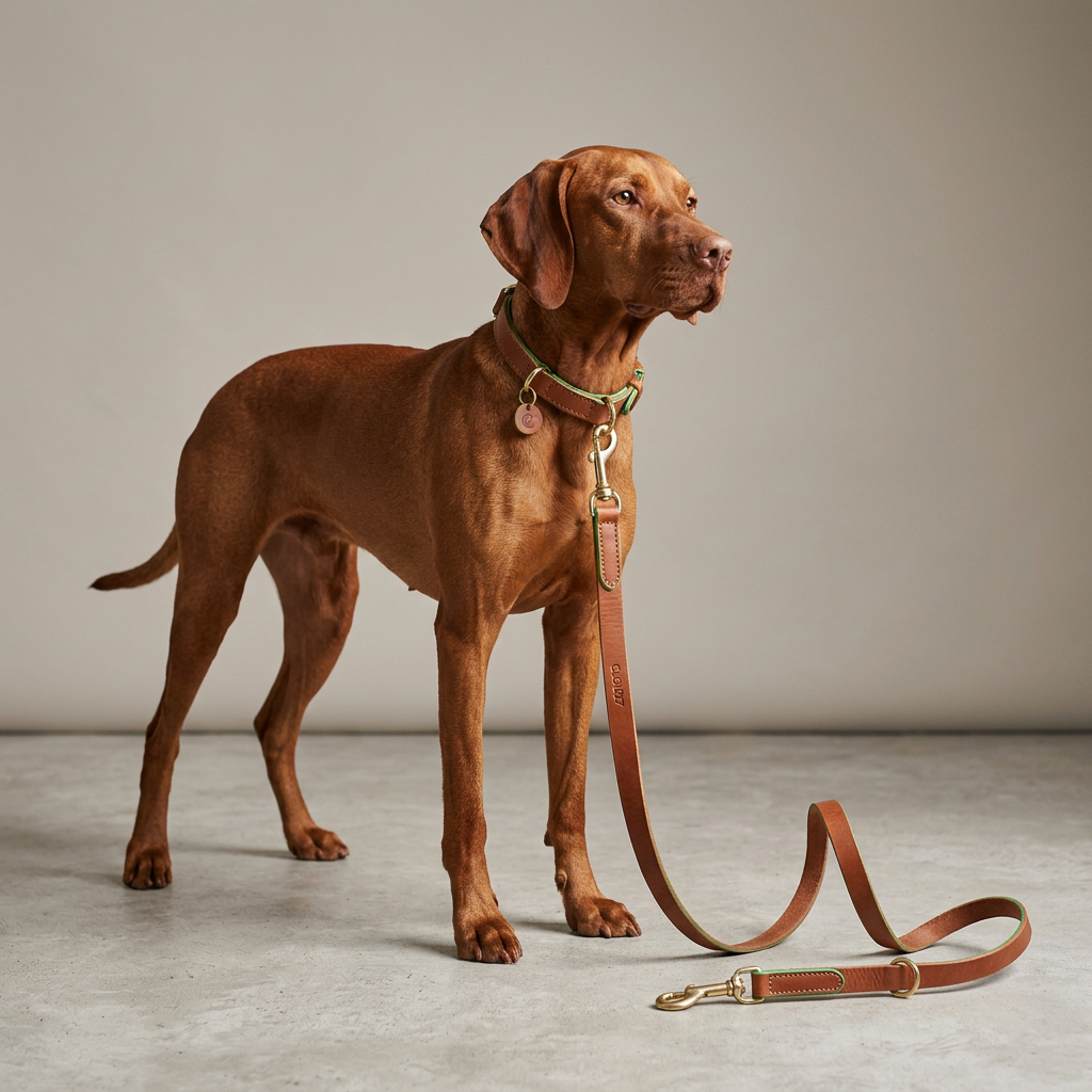 Cognac leather dog leash back view, green accent