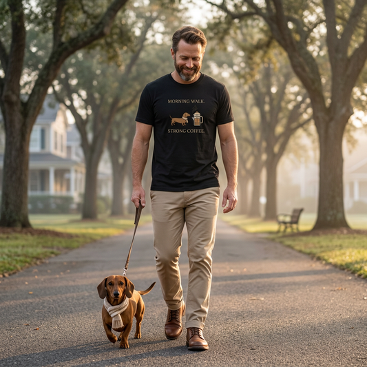 Man walking a dog on a path in a park with trees and houses in the background