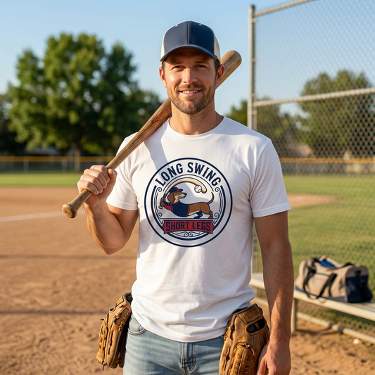 Man holding a baseball bat and wearing a t-shirt with a logo on a baseball field.