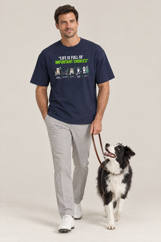 Man walking a border collie on a leash in the navy Full of Choices Dog Golf Tee. Color: Navy