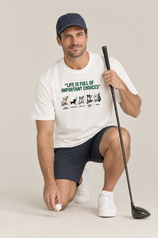 Man teeing up a golf ball in the white Full of Choices Dog Golf Tee. Color: White