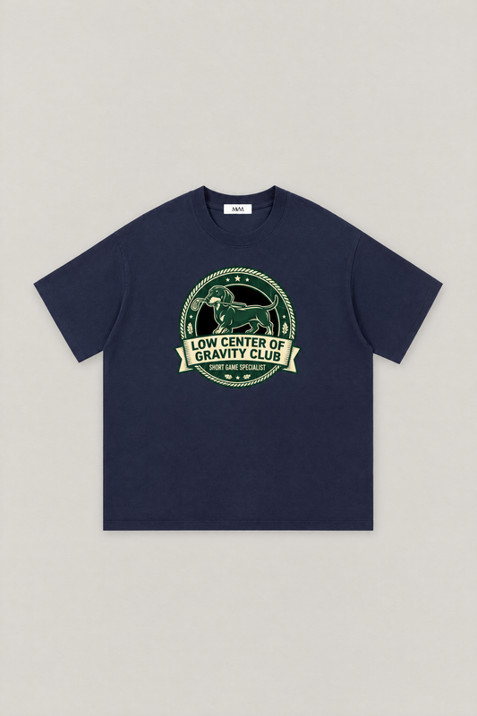 Low Center of Gravity Club Dachshund Golf Tee in navy, flat lay front view. Color: Navy