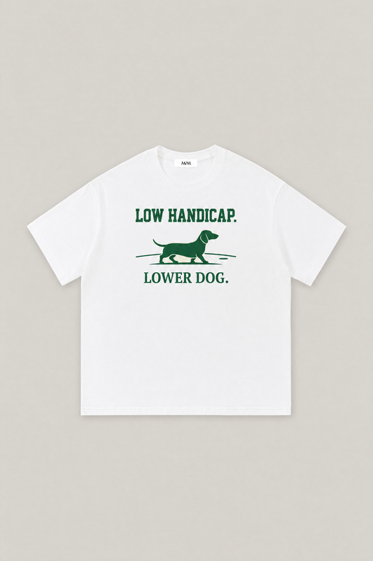 Low Handicap Dachshund Golf Tee in white, flat lay front view. Color: White