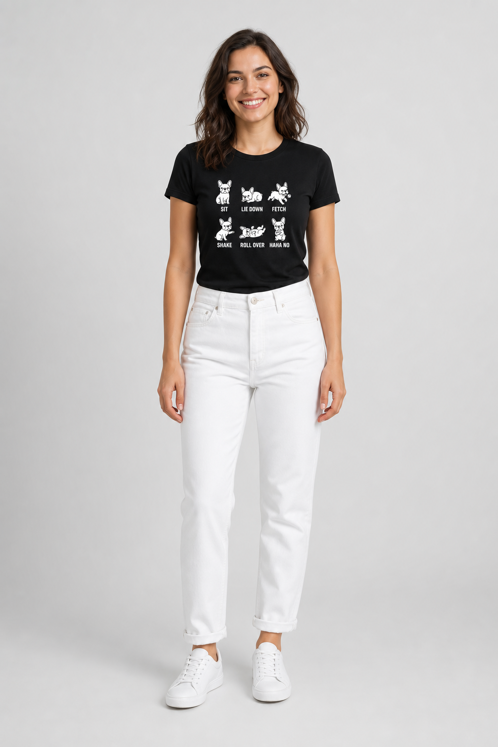 Woman wearing white Sit Lie Down Fetch dog t-shirt