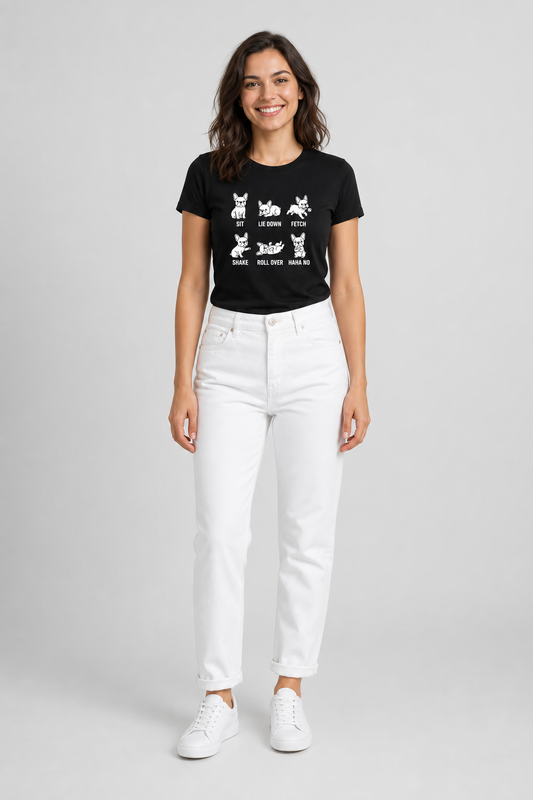 Woman wearing white Sit Lie Down Fetch dog t-shirt