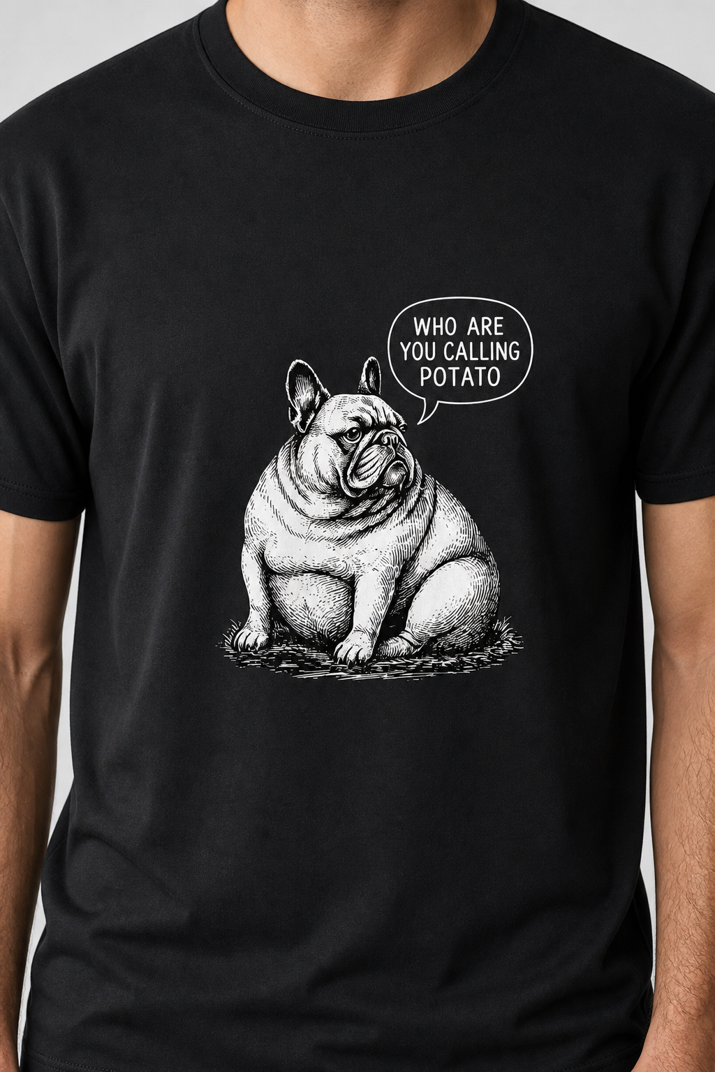 Man wearing white t-shirt with Who Are You Calling Potato print