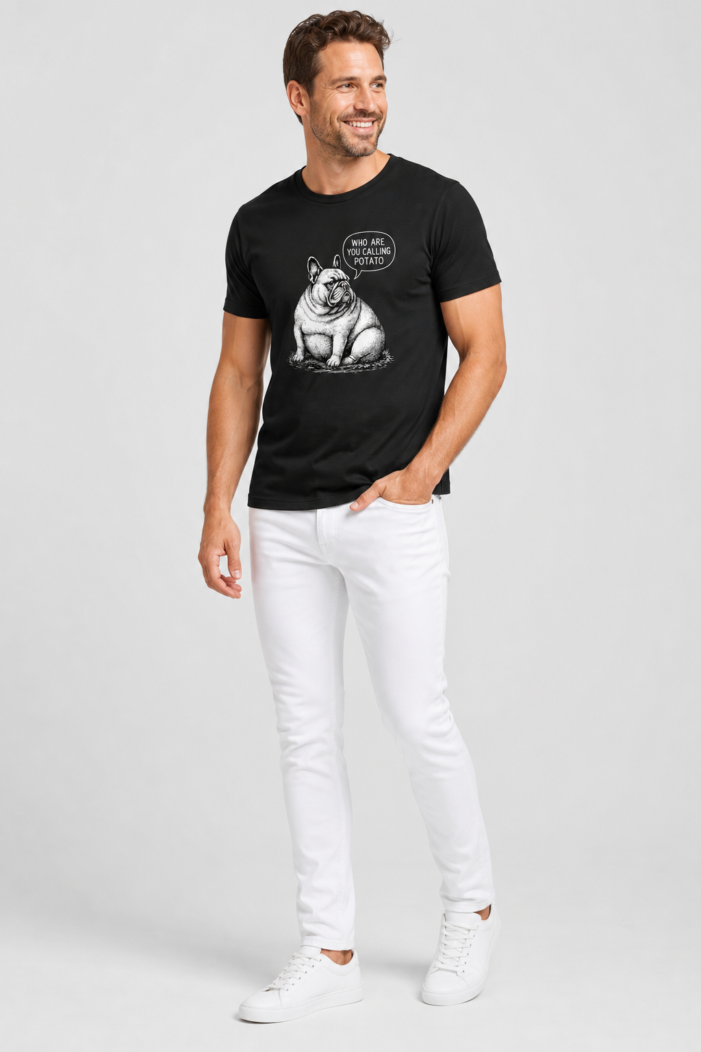 Woman wearing white Who Are You Calling Potato french bulldog t-shirt