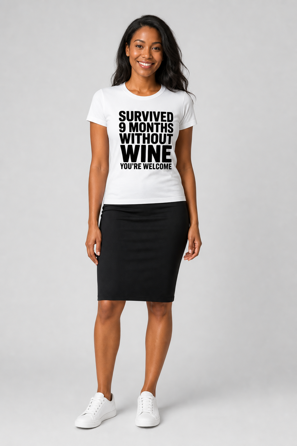 Woman wearing white Survived 9 Months Without Wine t-shirt