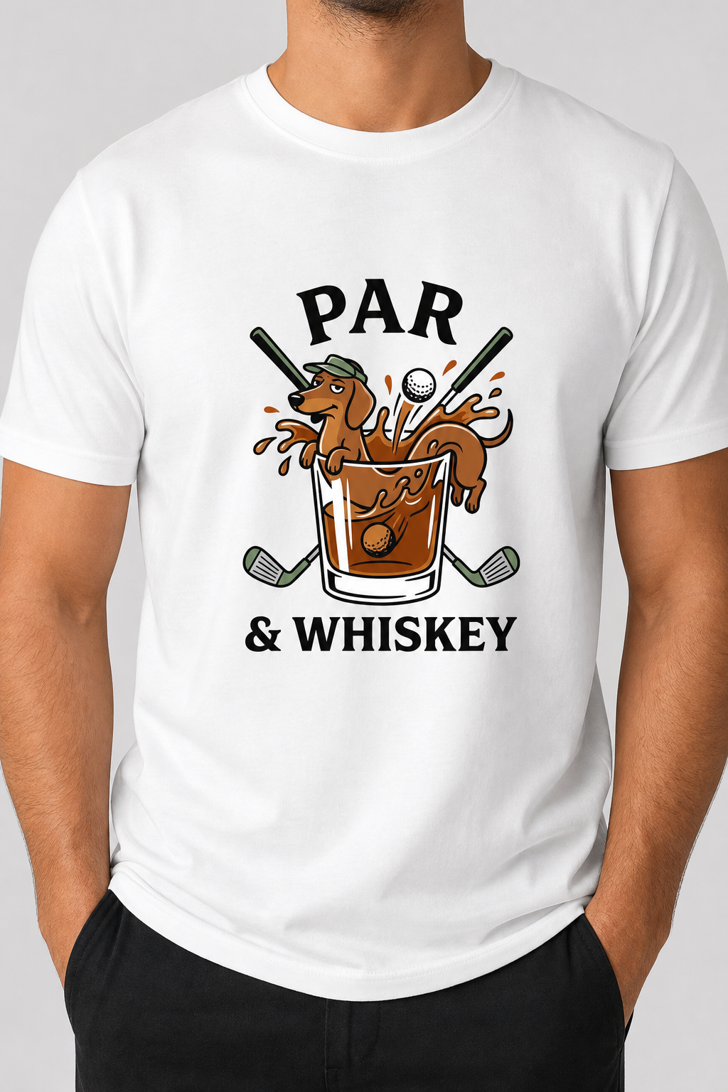Man wearing white t-shirt with dachshund golf par and whiskey print