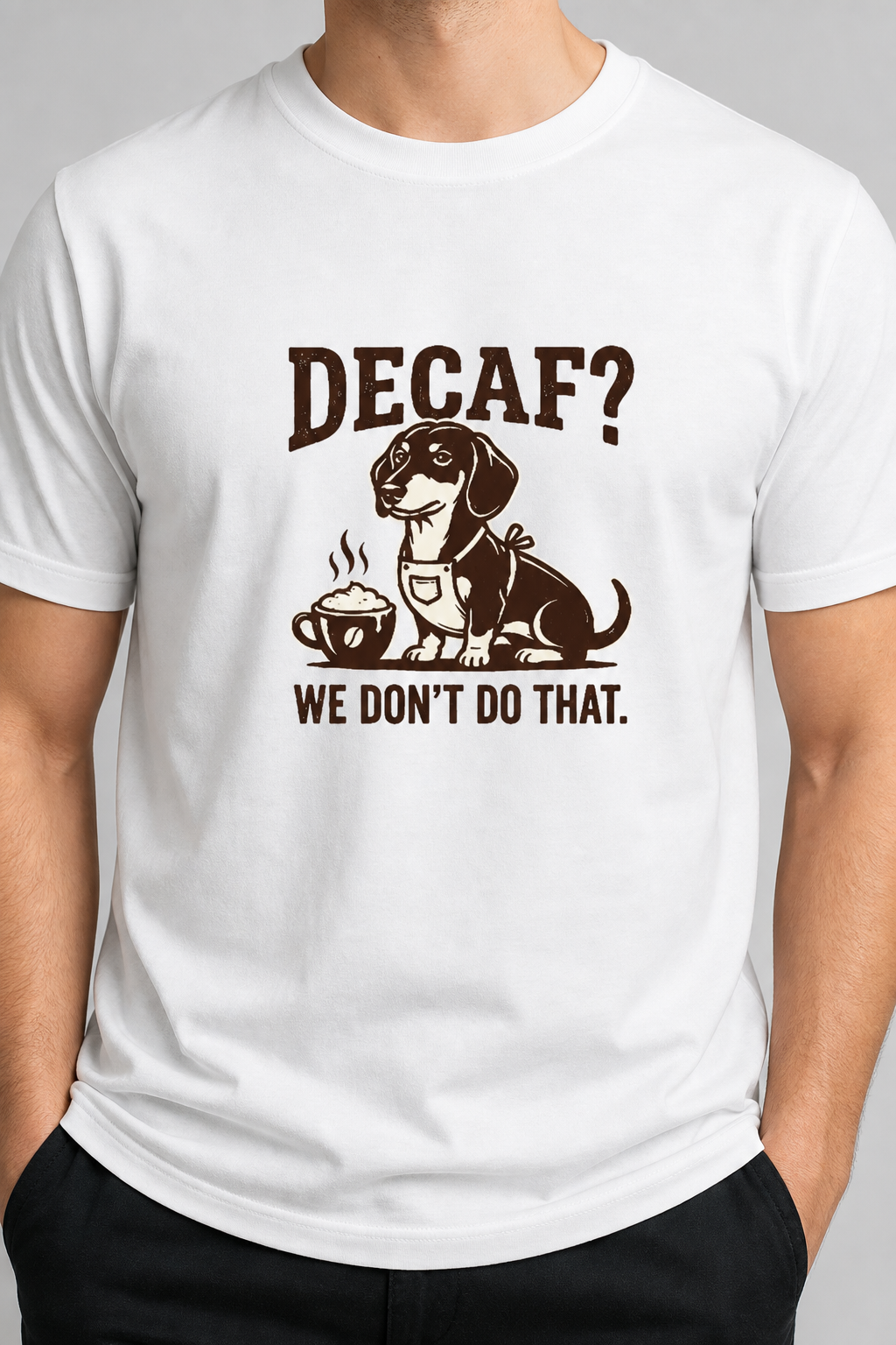 Man wearing white t-shirt with dachshund coffee Decaf print