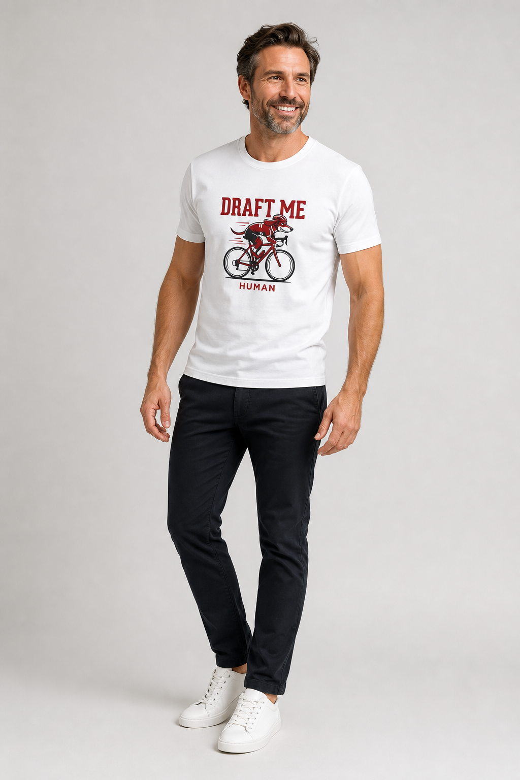 Man wearing white t-shirt with Draft Me Human dachshund print