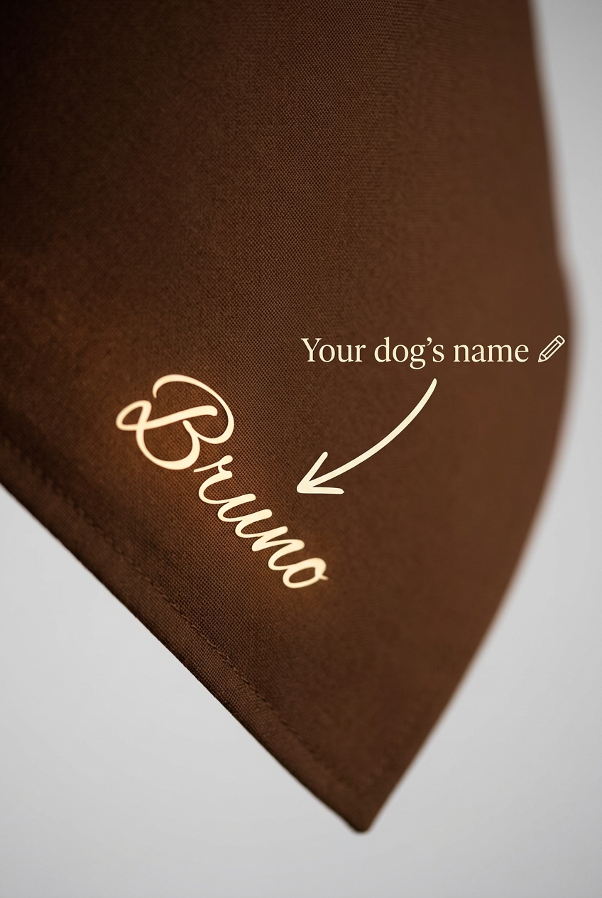 Custom name print detail on brown personalized dog bandana