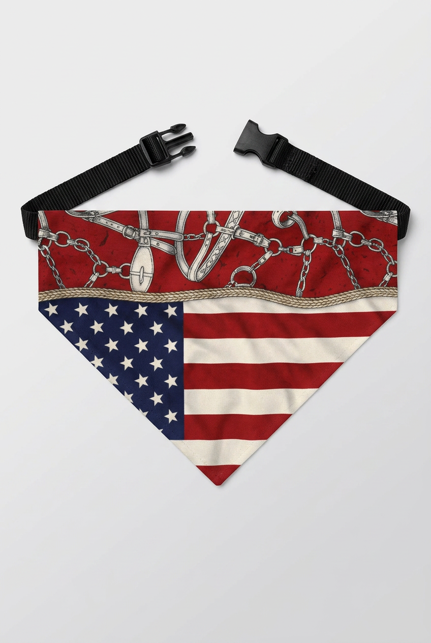 Red white blue dog bandana with American flag print, adjustable neck strap