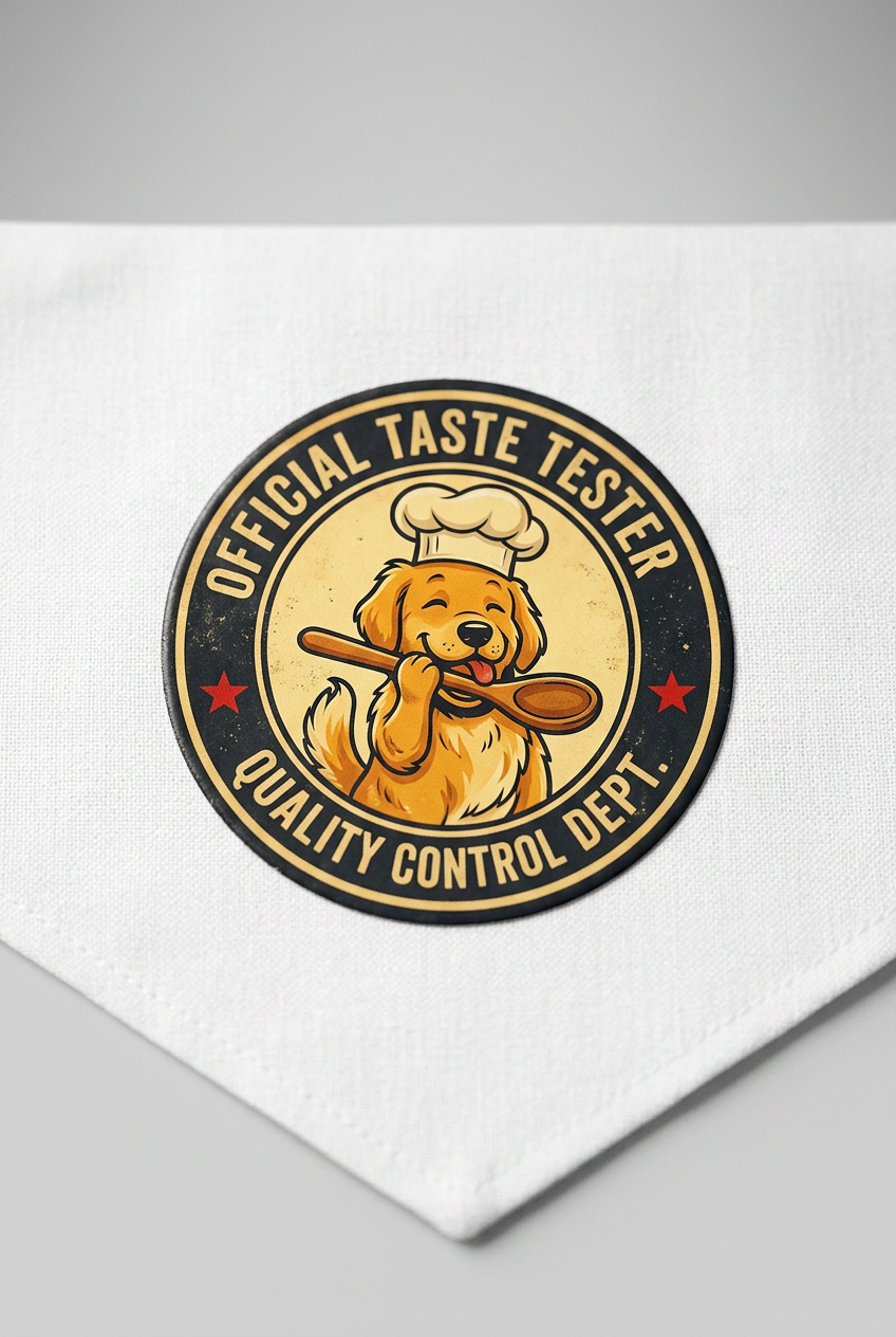 Official taste tester print detail on white dog bandana, triangle panel