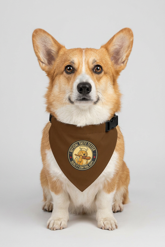 Basset hound wearing brown official taste tester dog bandana