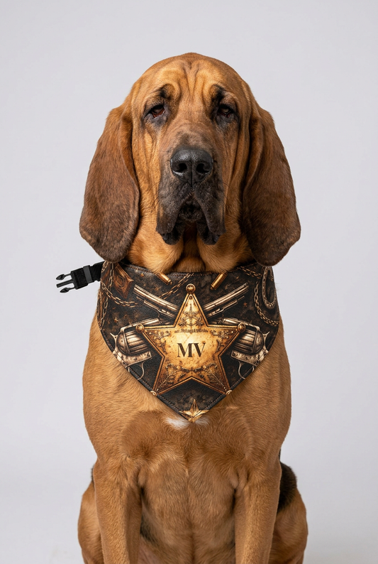Dachshund wearing sheriff personalized dog bandana with initials