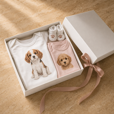 Gift set with baby t-shirts and booties featuring puppies, tied with a ribbon on a beige surface.