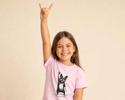 Child wearing a pink t-shirt with a dog graphic, sitting against a beige background