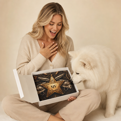 Woman opening a gift box with a star-shaped object, accompanied by a white dog.