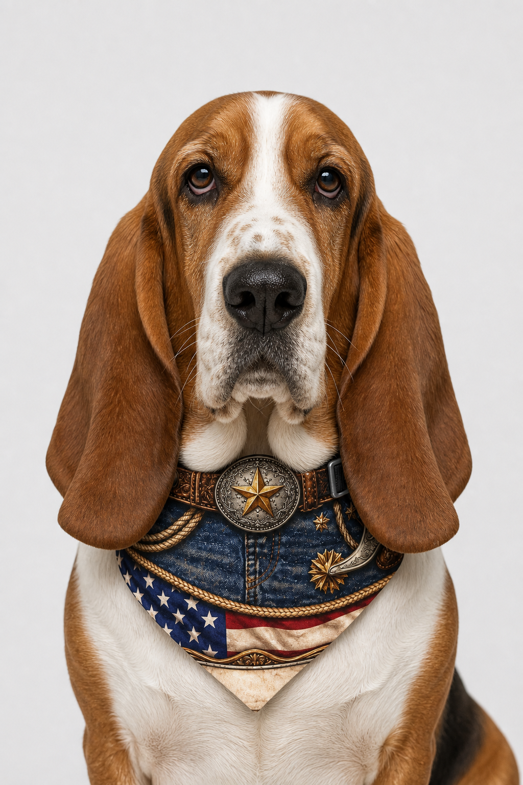 Dachshund wearing western cowboy dog bandana