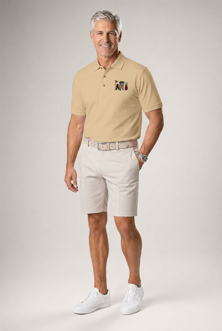 A smiling older man stands against a light gray studio background wearing a tan short-sleeve polo shirt with a small embroidered logo on the left chest, light beige shorts, a light belt, and white sneakers.