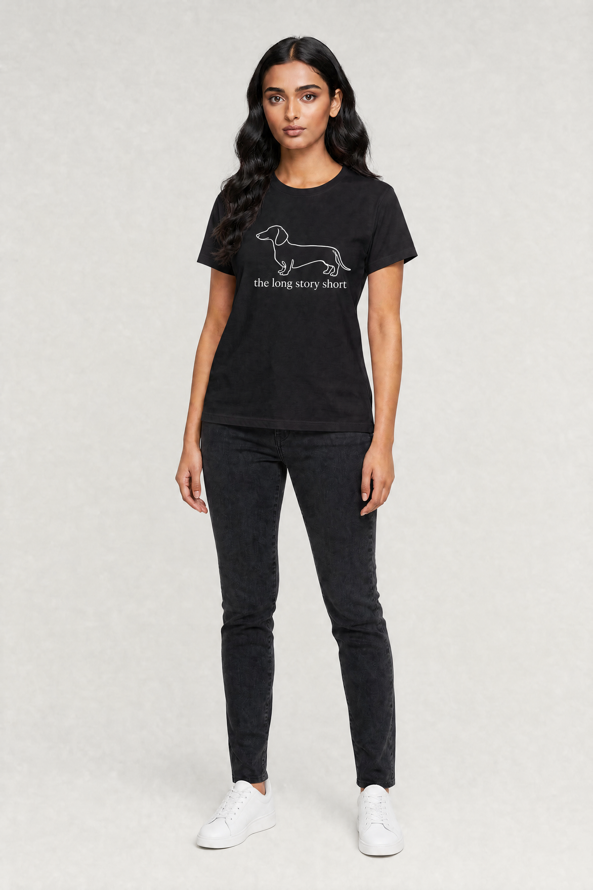 Black t-shirt with dachshund the long story short print, unisex crew neck