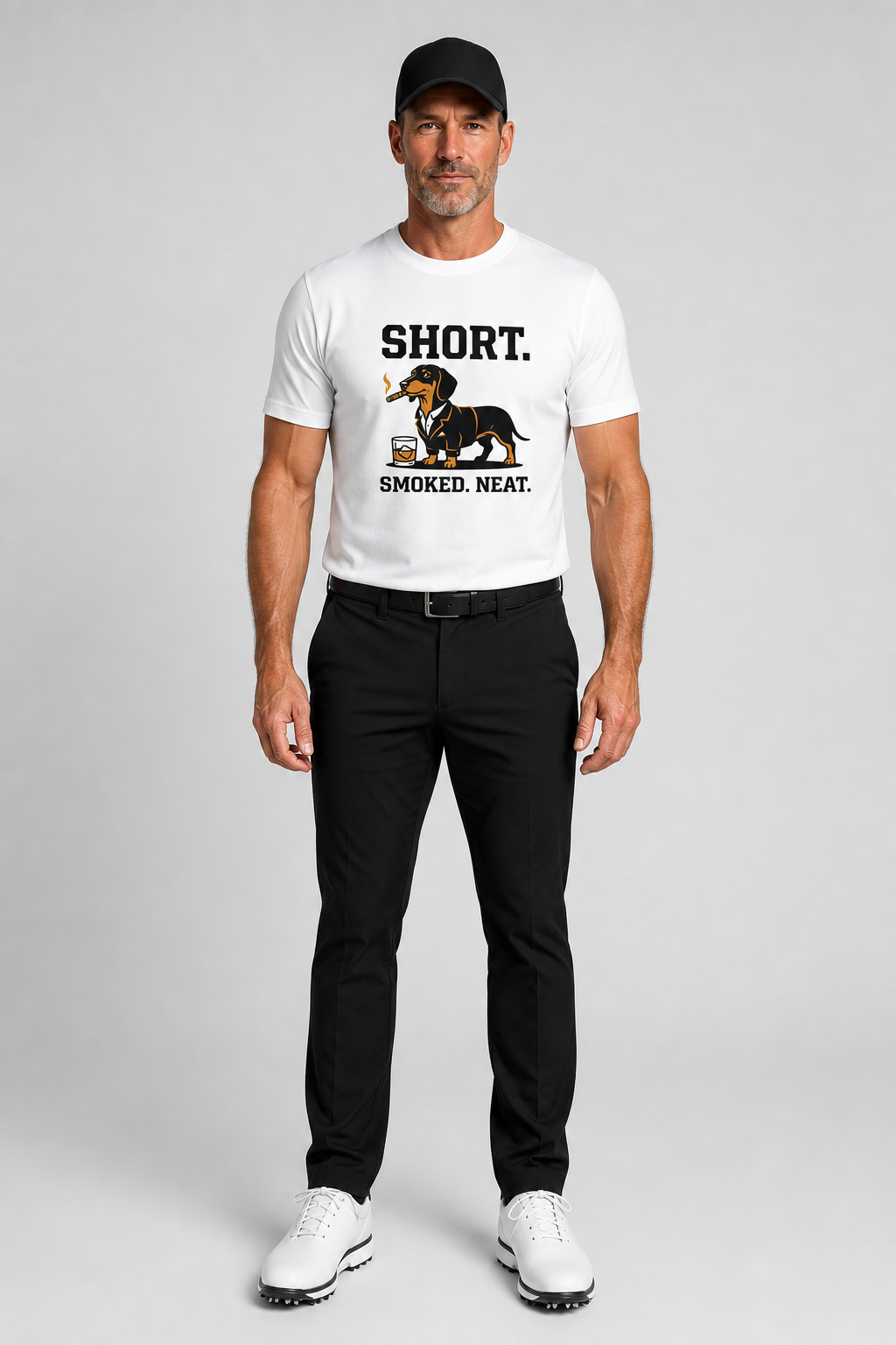 White t-shirt with Short Smoked Neat dachshund whiskey print, unisex crew neck
