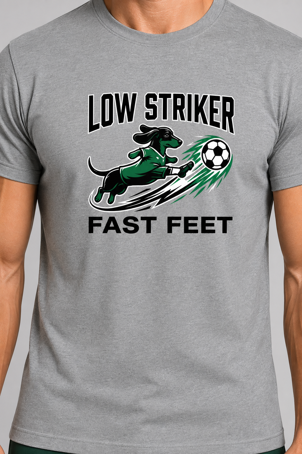 Man wearing white t-shirt with dachshund soccer print