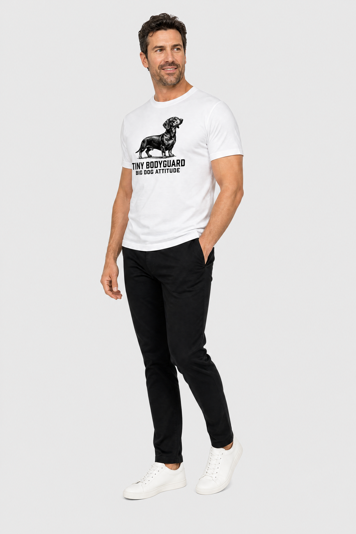 Woman wearing white Tiny Bodyguard Big Dog Attitude dachshund t-shirt