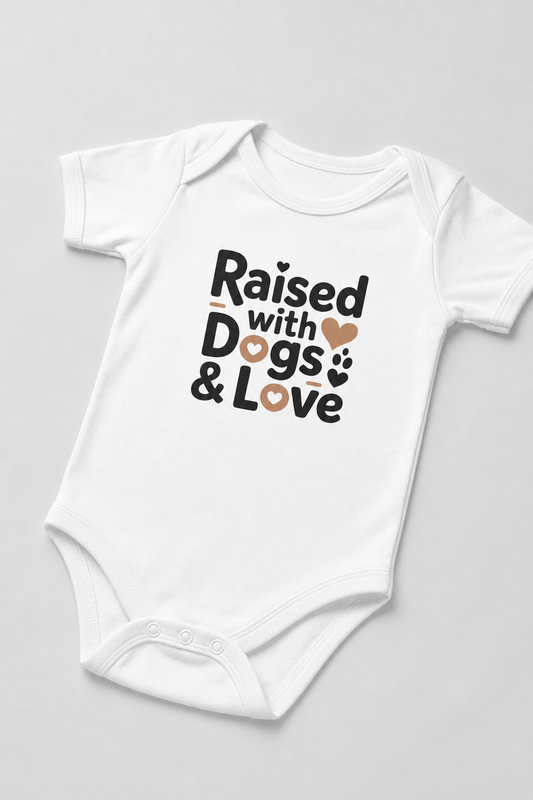 Baby wearing white Raised With Dogs and Love bodysuit, snap closure