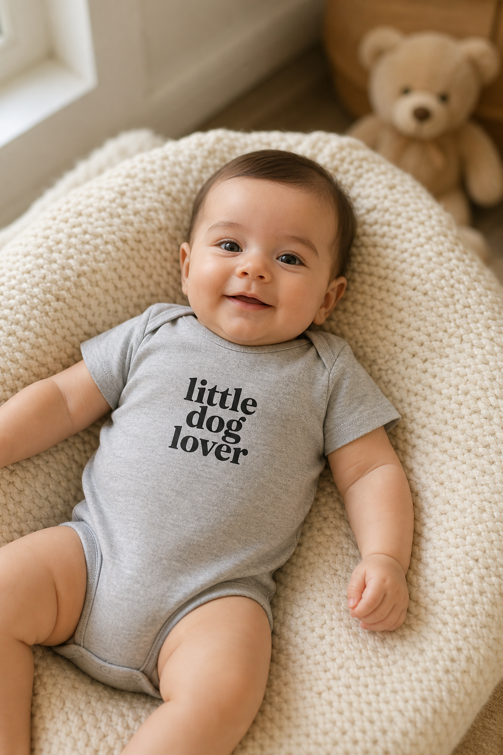 White baby bodysuit with Little Dog Lover print, snap closure
